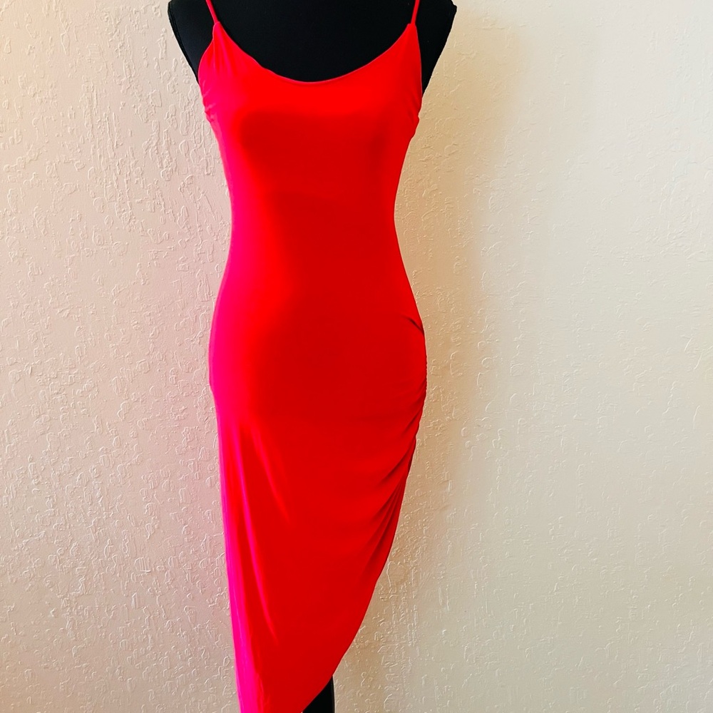 Red Midi Slip Dress with Asymmetrical Hem